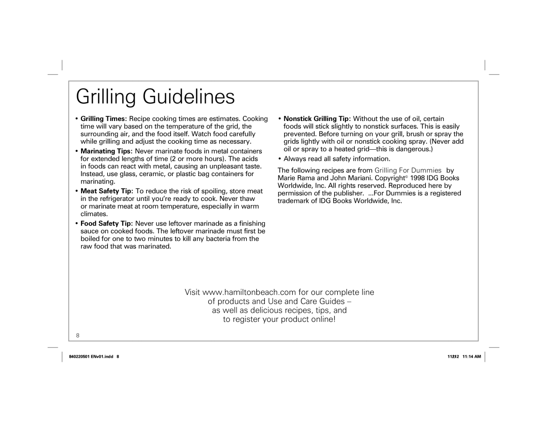 Hamilton Beach 31605N, 31606N manual Grilling Guidelines 