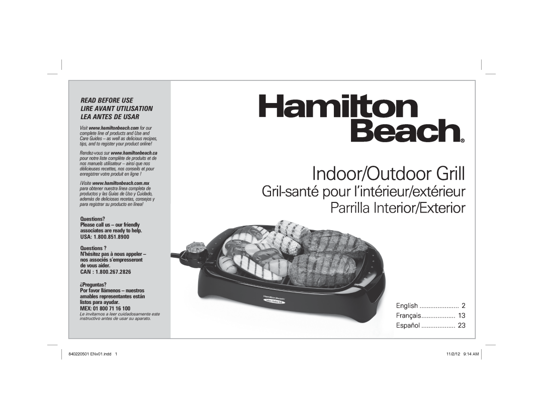 Hamilton Beach 31606N manual Indoor/Outdoor Grill, Read Before Use, Lire Avant Utilisation Lea Antes De Usar, Questions? 