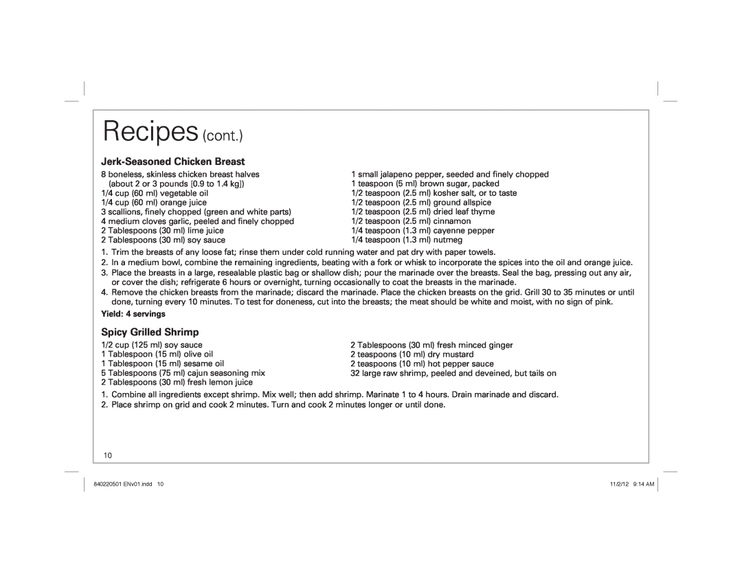 Hamilton Beach 31605N, 31606N manual Recipes cont, Jerk-SeasonedChicken Breast, Spicy Grilled Shrimp 