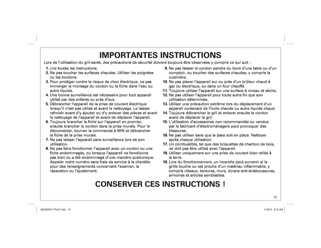 Hamilton Beach 31606N, 31605N manual Importantes Instructions, Conserver Ces Instructions 