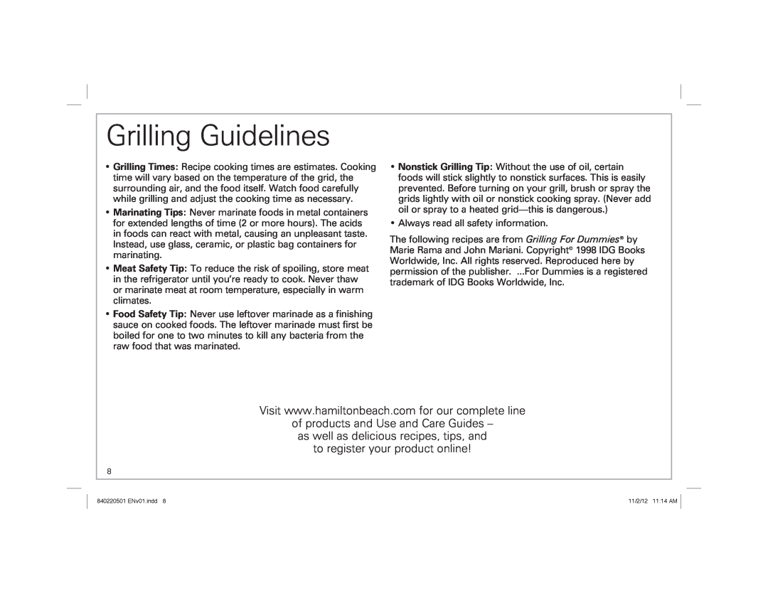 Hamilton Beach 31605N, 31606N manual Grilling Guidelines 