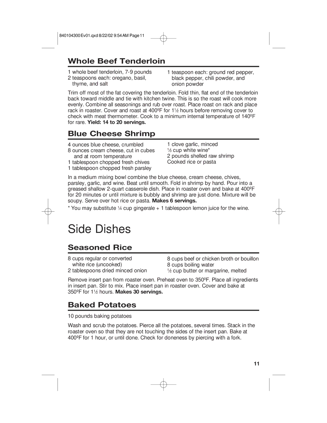 Hamilton Beach 32180C manual Side Dishes, Whole Beef Tenderloin, Blue Cheese Shrimp, Seasoned Rice, Baked Potatoes 