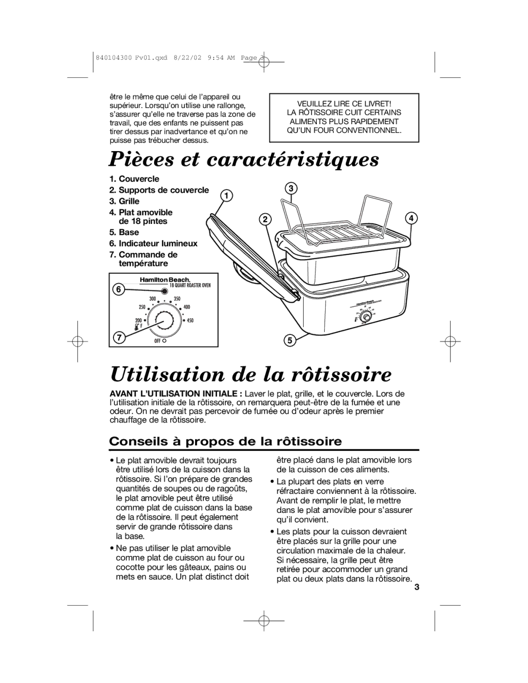 Hamilton Beach 32180C manual Pièces et caractéristiques, Utilisation de la rôtissoire, Conseils à propos de la rôtissoire 