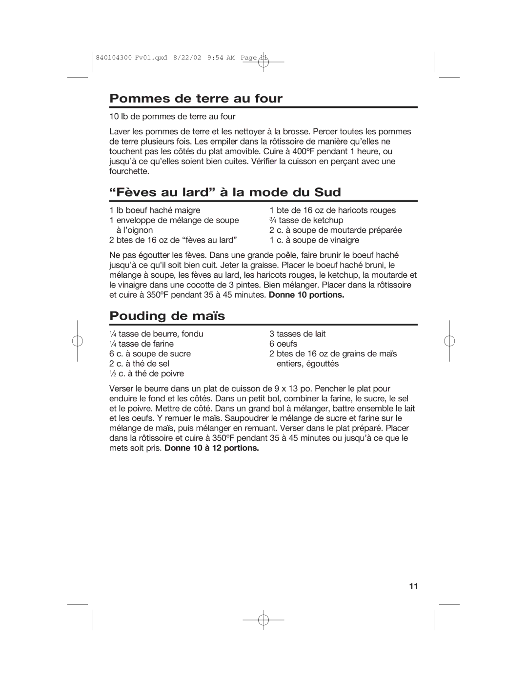 Hamilton Beach 32180C manual Pommes de terre au four, Fèves au lard à la mode du Sud, Pouding de maïs 