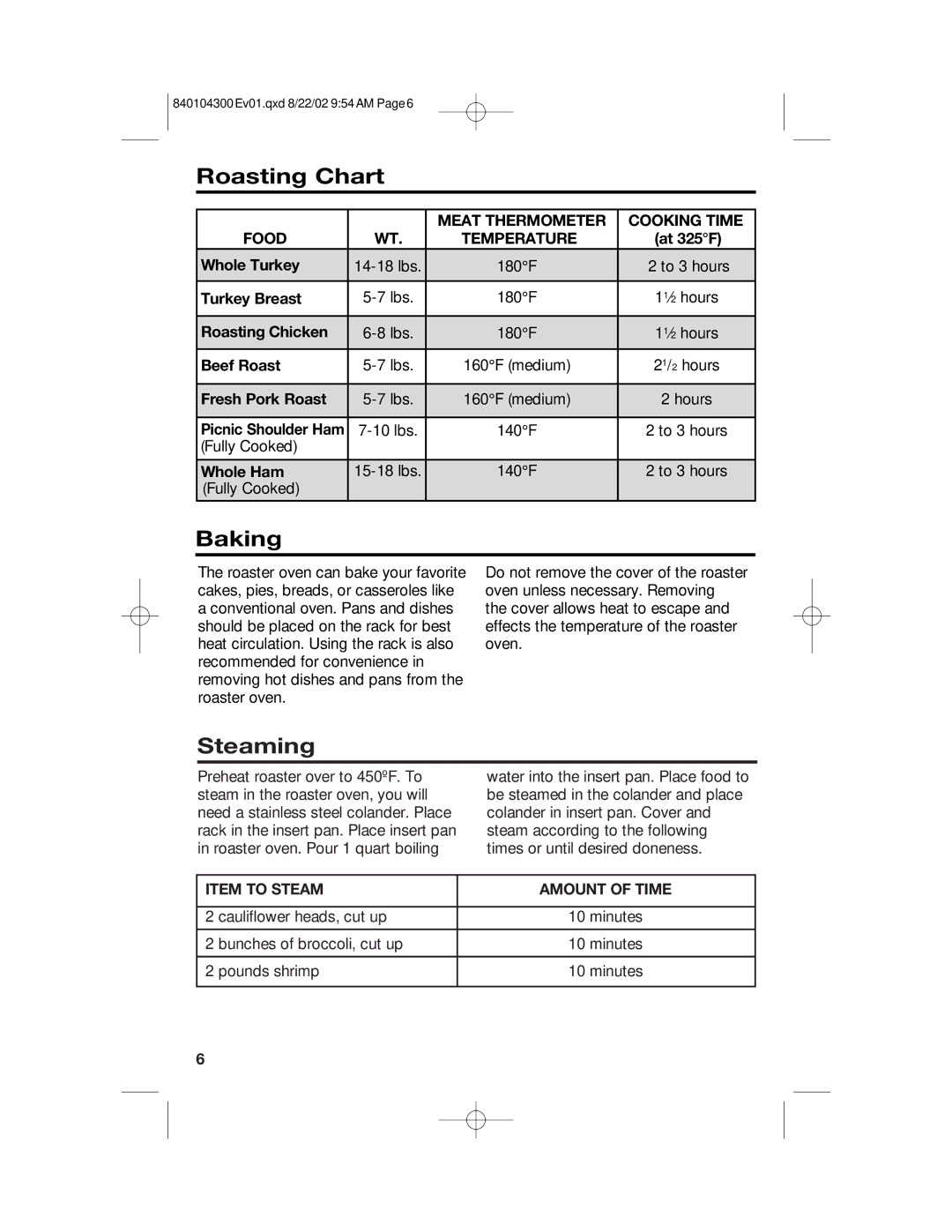 Hamilton Beach 32180C manual Roasting Chart, Baking, Steaming 