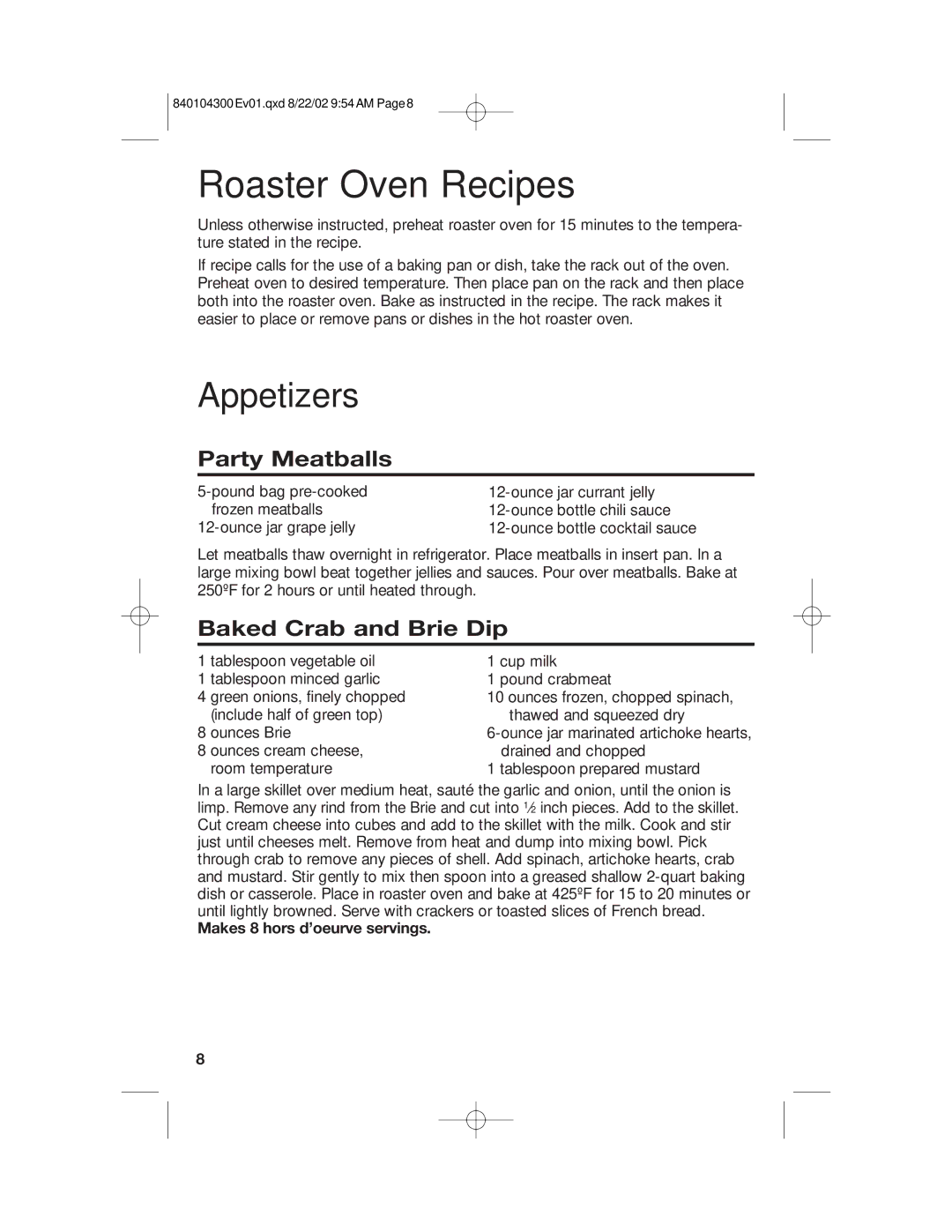 Hamilton Beach 32180C manual Roaster Oven Recipes, Appetizers, Party Meatballs, Baked Crab and Brie Dip 