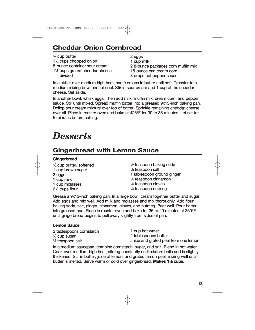 Hamilton Beach 32180C manual Desserts, Cheddar Onion Cornbread, Gingerbread with Lemon Sauce 