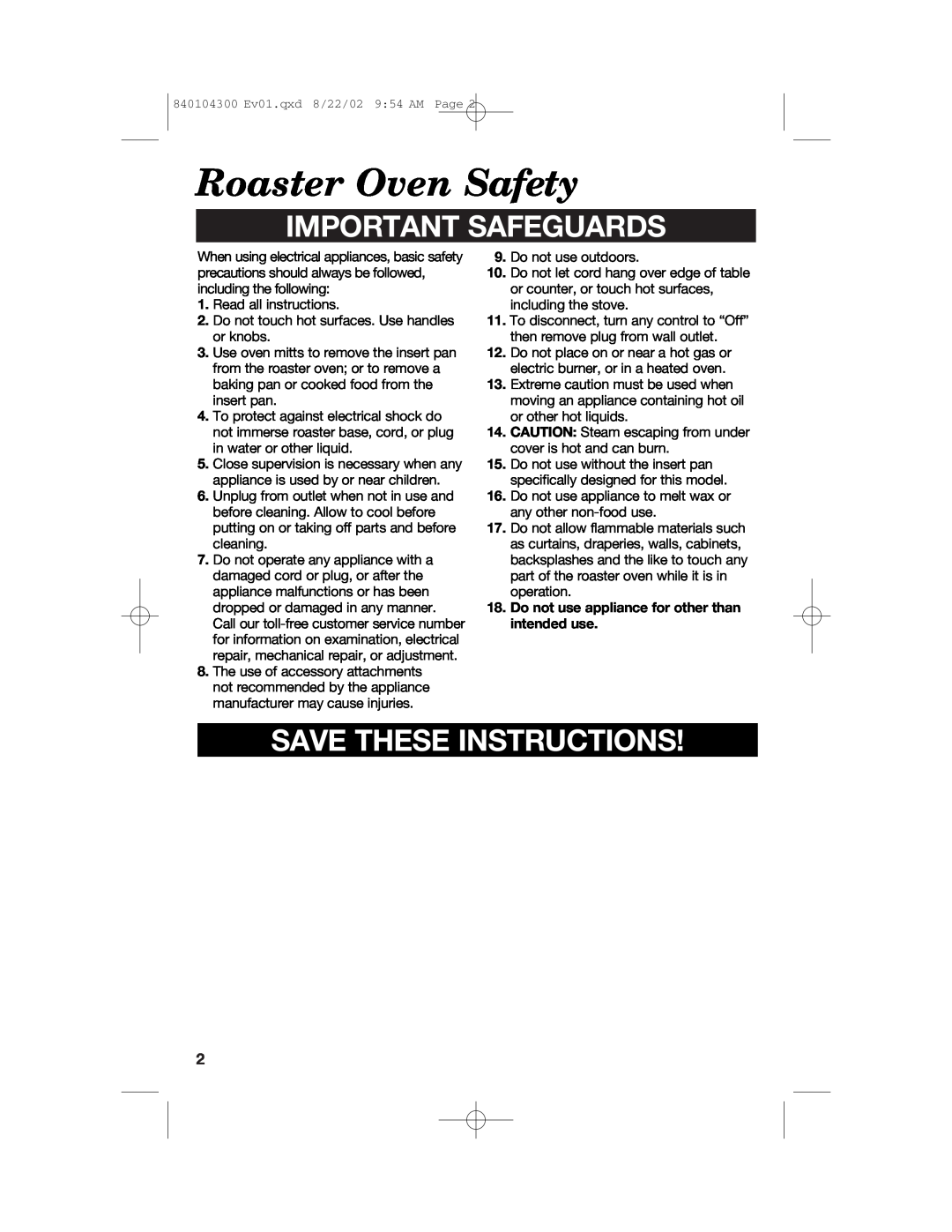 Hamilton Beach 32180C manual Roaster Oven Safety, Important Safeguards, Save These Instructions 
