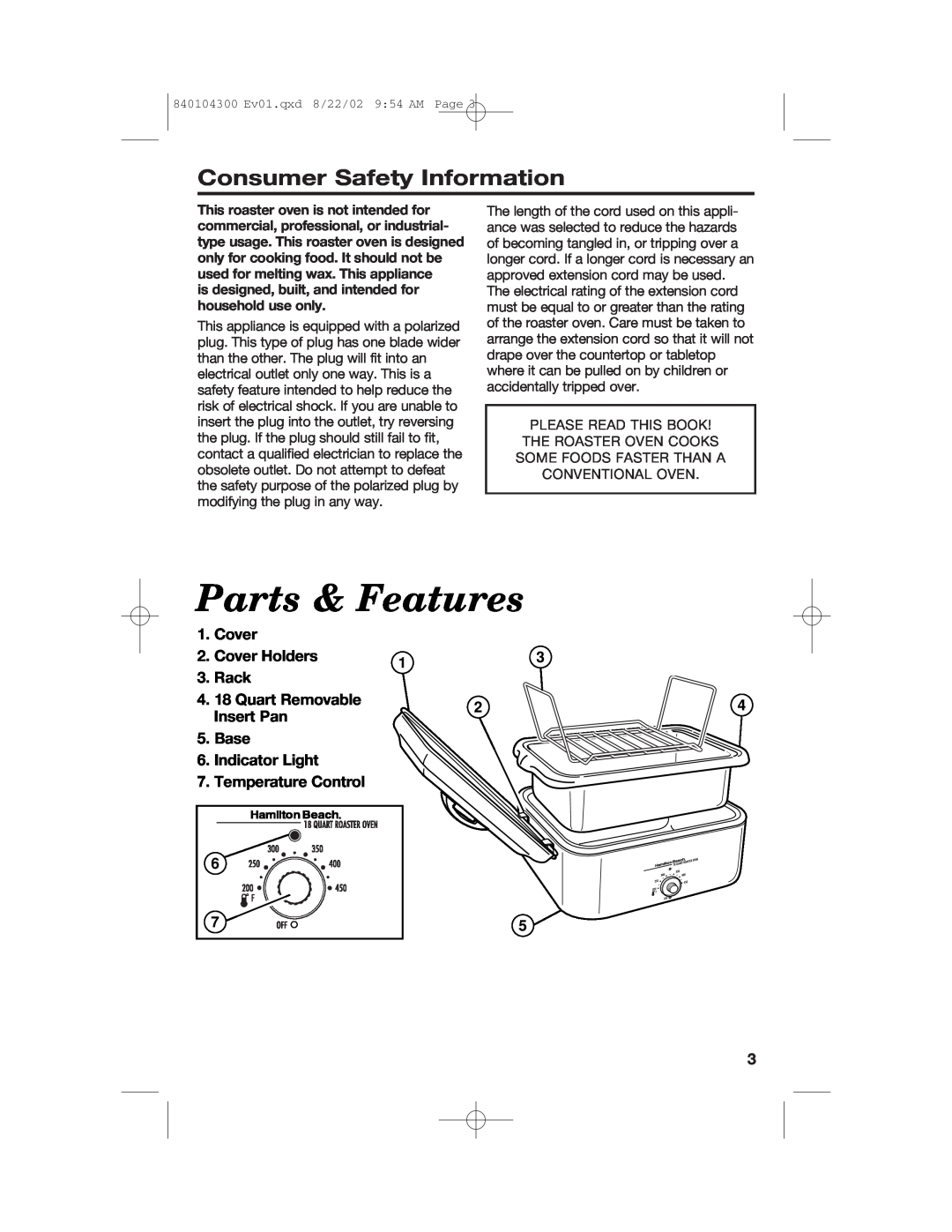 Hamilton Beach 32180C manual Parts & Features, Consumer Safety Information, Cover 2. Cover Holders 3. Rack 