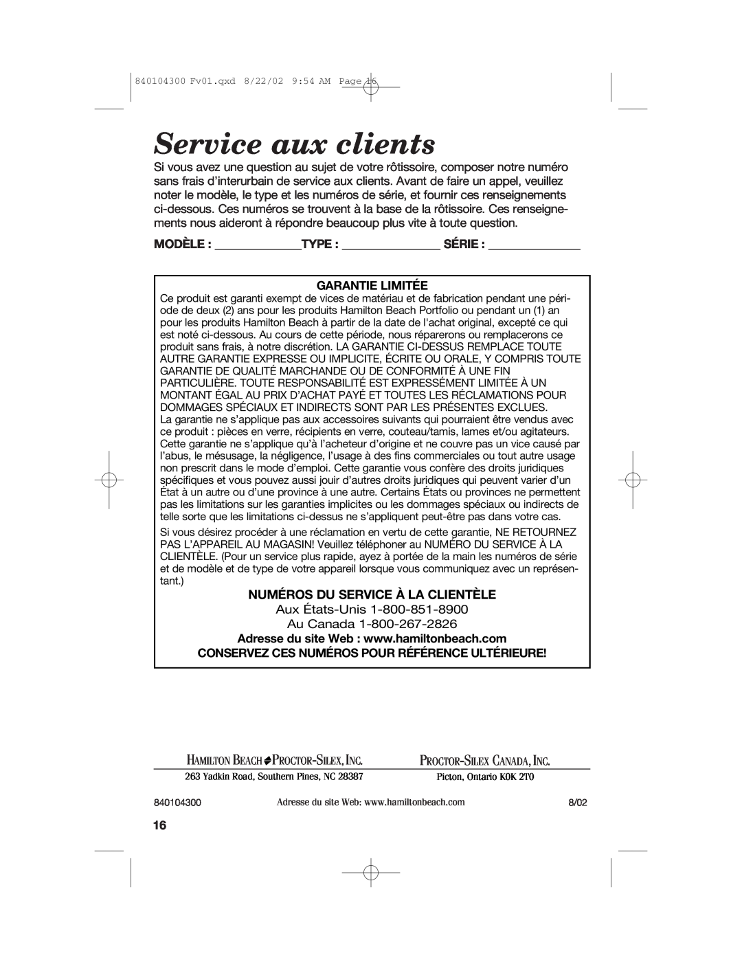 Hamilton Beach 32180C manual Service aux clients, Numéros Du Service À La Clientèle, Garantie Limitée 