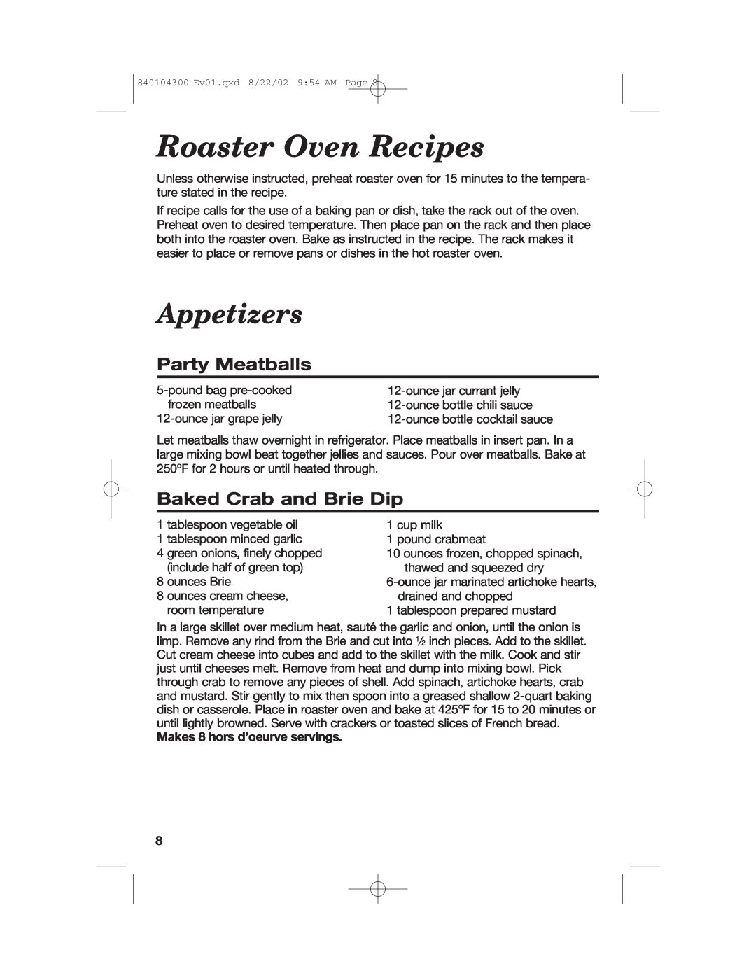 Hamilton Beach 32180C manual Roaster Oven Recipes, Appetizers, Party Meatballs, Baked Crab and Brie Dip 