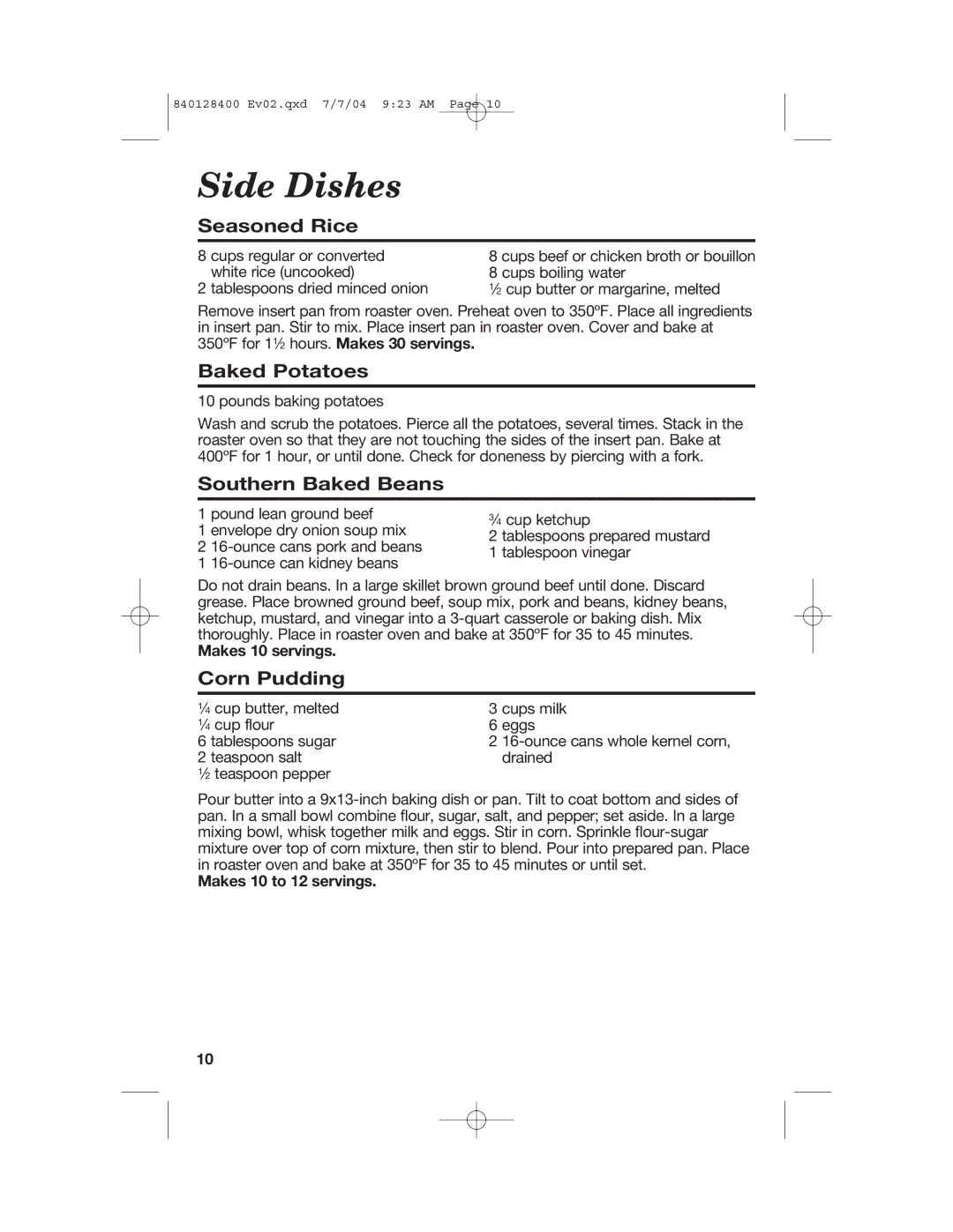 Hamilton Beach 32180, 32181, 32183, 32182 manual Seasoned Rice, Baked Potatoes, Southern Baked Beans, Corn Pudding 