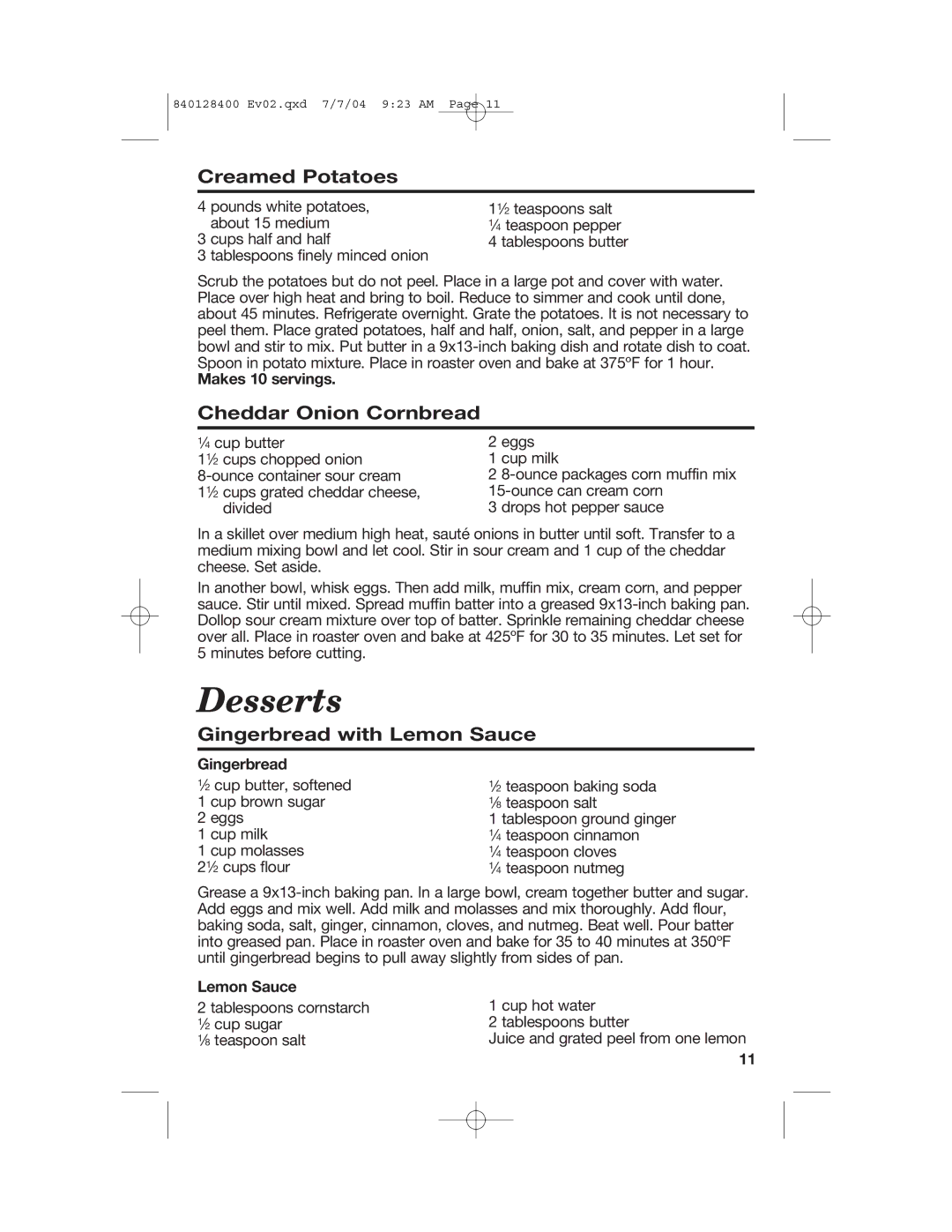 Hamilton Beach 32182, 32181, 32183, 32180 manual Creamed Potatoes, Cheddar Onion Cornbread, Gingerbread with Lemon Sauce 