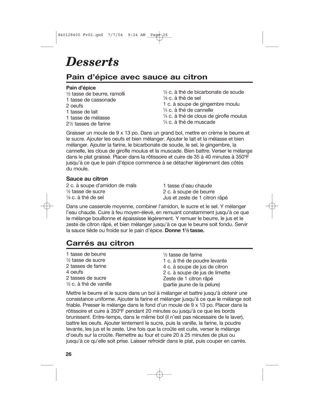 Hamilton Beach 32180, 32181, 32183, 32182 manual Desserts, Pain d’épice avec sauce au citron, Carrés au citron 