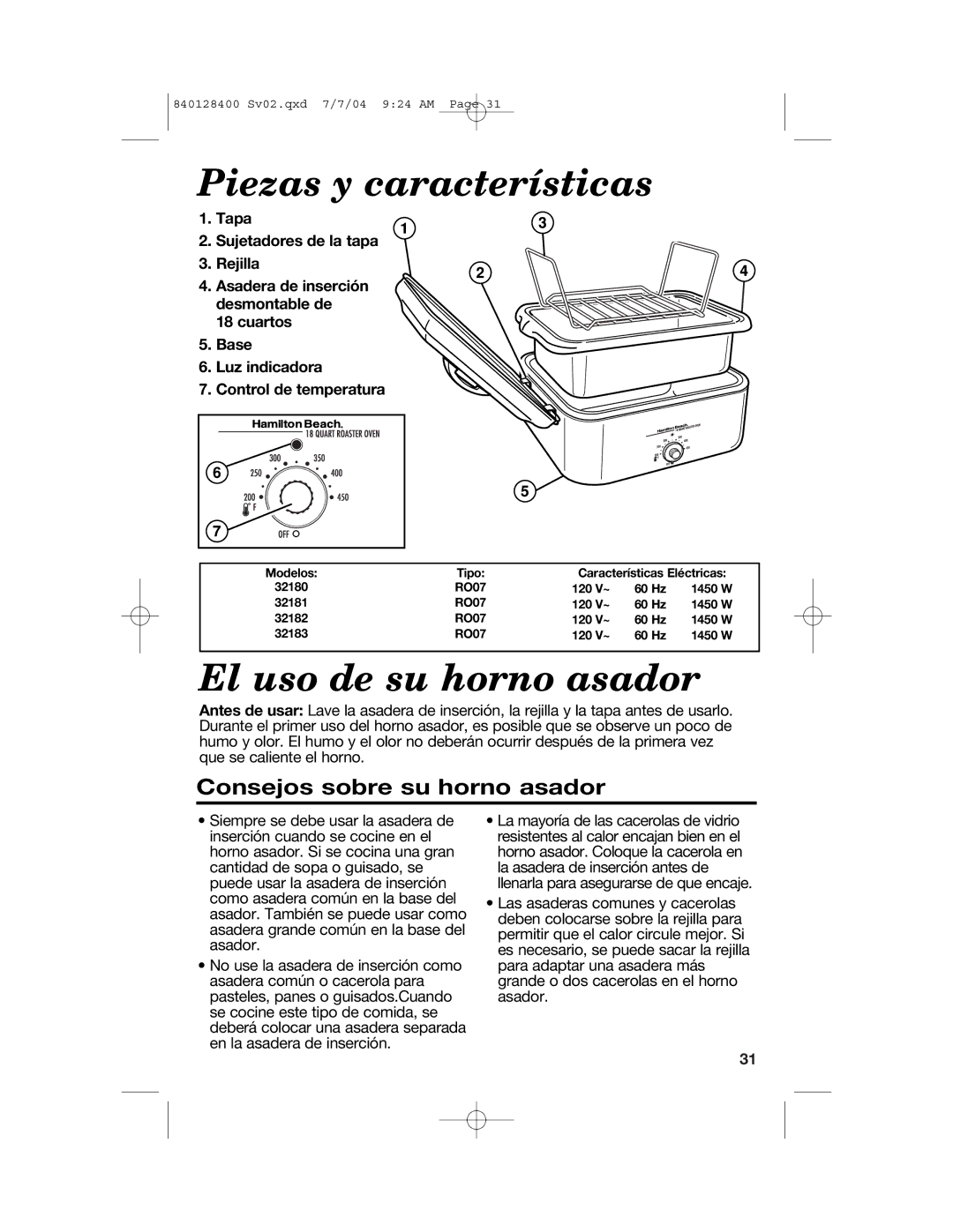 Hamilton Beach 32182, 32181, 32183 manual Piezas y características, El uso de su horno asador, Consejos sobre su horno asador 