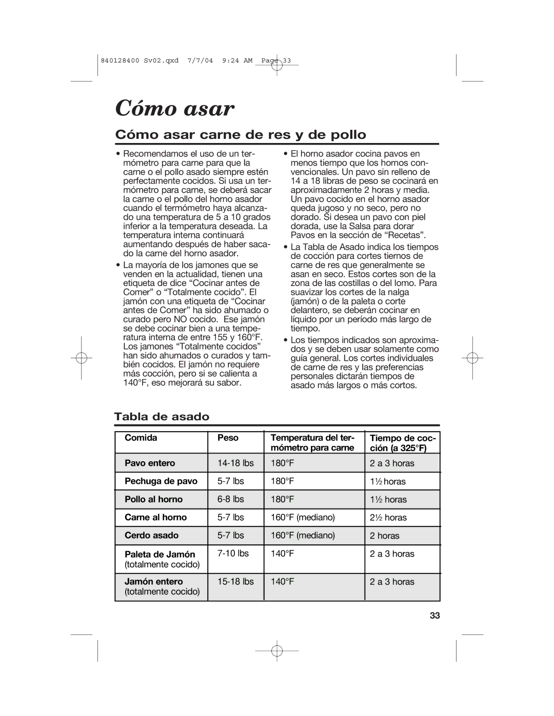 Hamilton Beach 32183, 32181, 32180, 32182 manual Cómo asar carne de res y de pollo, Tabla de asado 