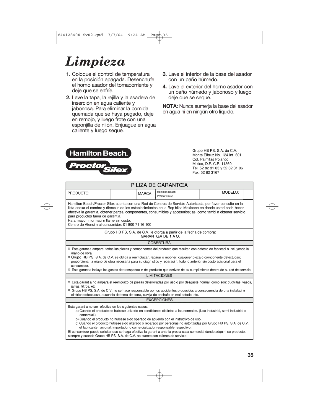 Hamilton Beach 32182, 32181, 32183, 32180 manual Limpieza, Póliza DE Garantía 