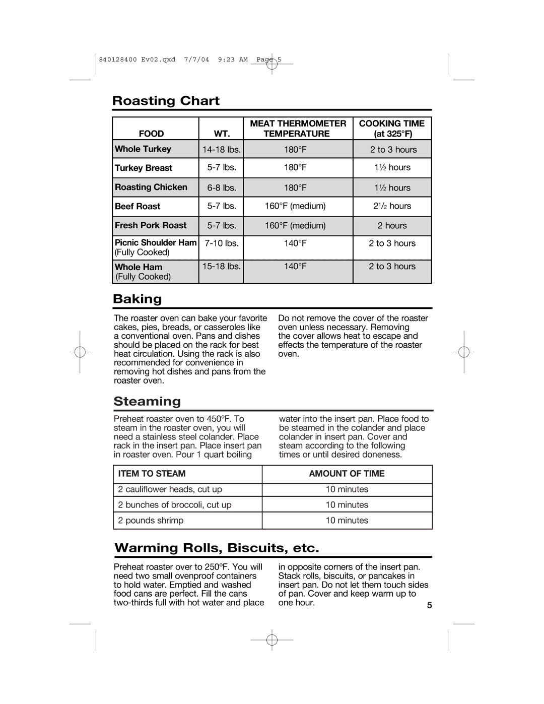 Hamilton Beach 32183, 32181, 32180, 32182 manual Roasting Chart, Baking, Steaming, Warming Rolls, Biscuits, etc 