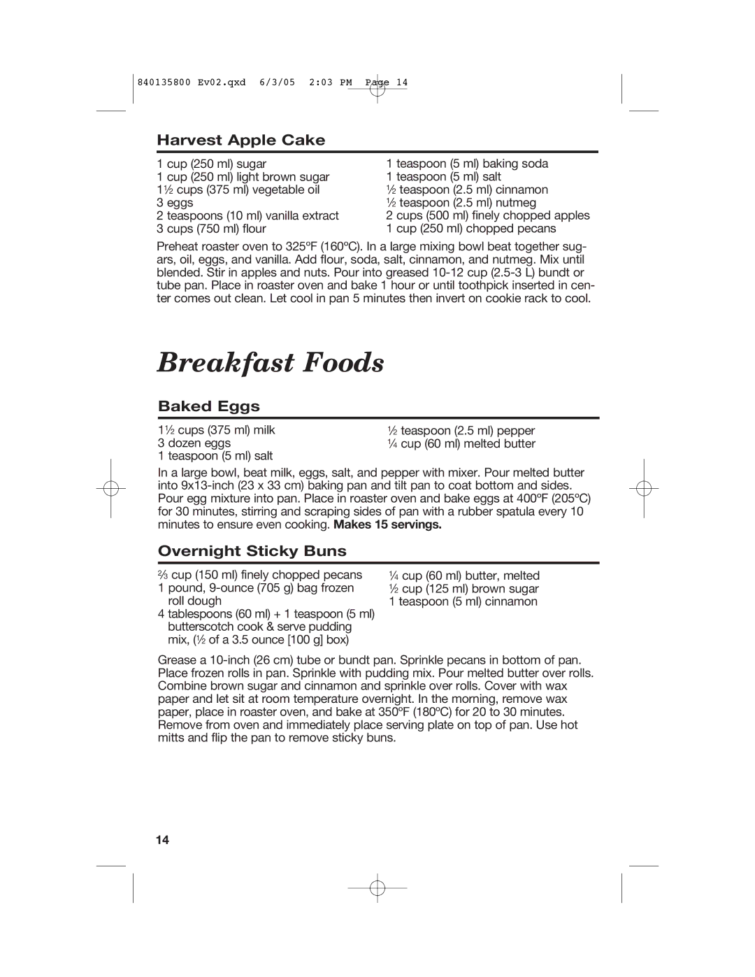 Hamilton Beach 32184C manual Harvest Apple Cake, Baked Eggs, Overnight Sticky Buns 