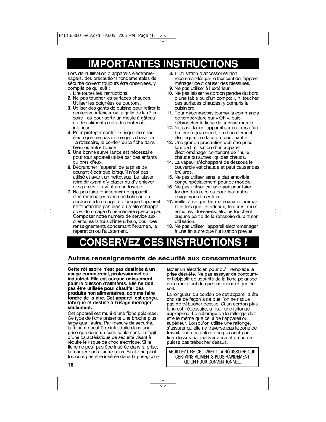 Hamilton Beach 32184C manual Importantes Instructions 