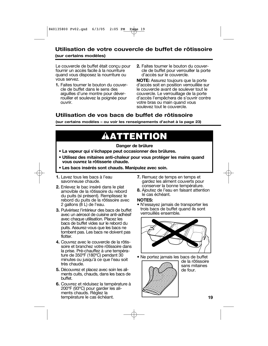 Hamilton Beach 32184C manual Wattention, Utilisation de votre couvercle de buffet de rôtissoire 