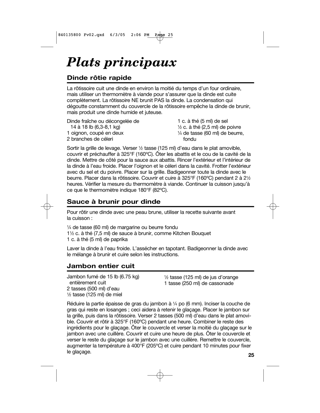 Hamilton Beach 32184C manual Plats principaux, Dinde rôtie rapide, Sauce à brunir pour dinde, Jambon entier cuit 