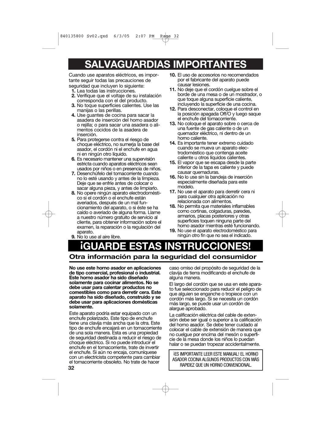 Hamilton Beach 32184C manual Salvaguardias Importantes, Otra información para la seguridad del consumidor 