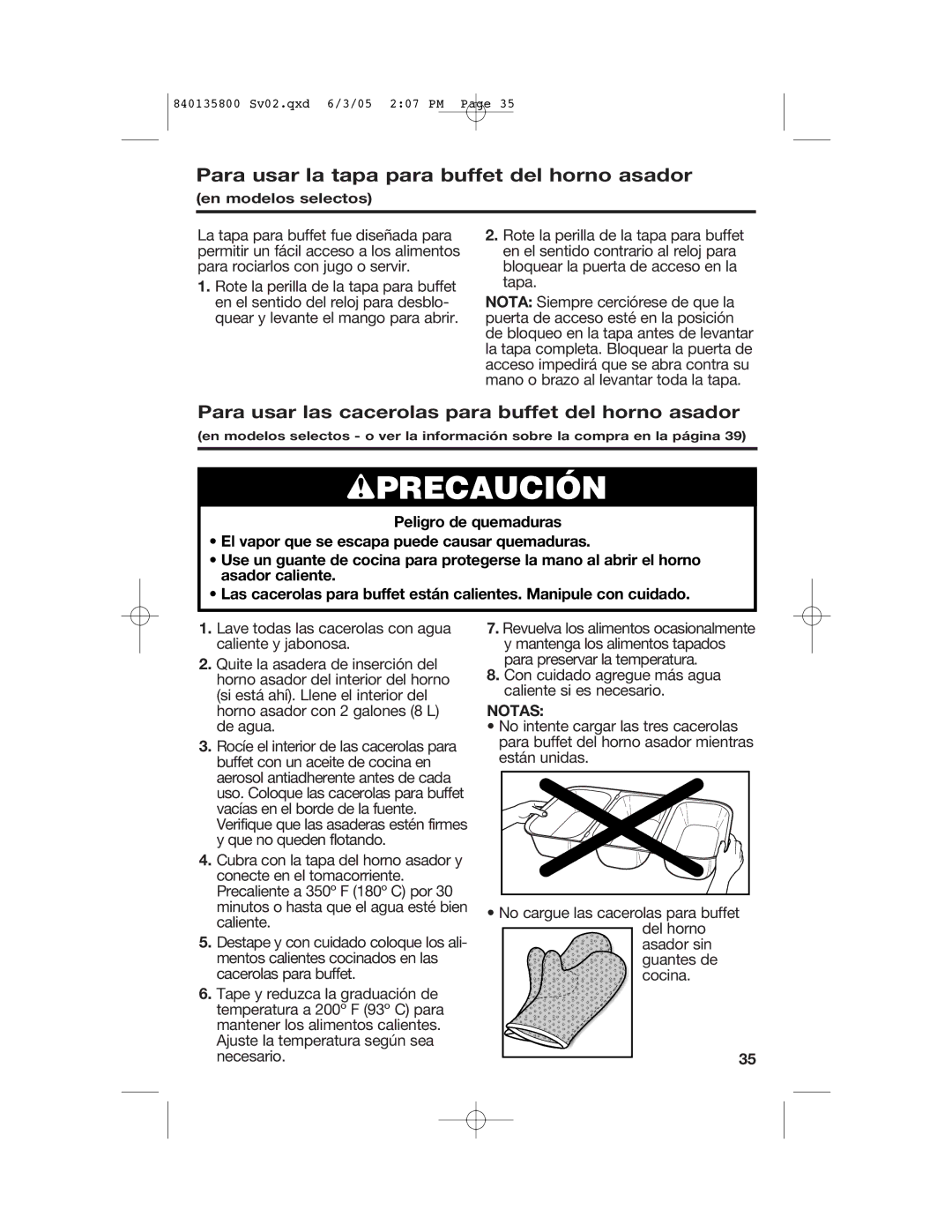 Hamilton Beach 32184C manual Wprecaución, Para usar la tapa para buffet del horno asador, Notas 