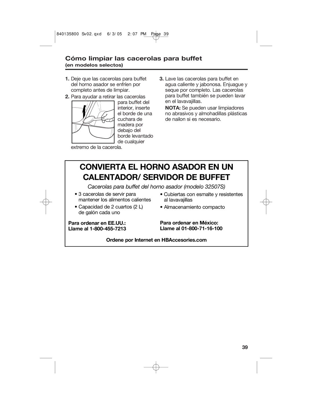 Hamilton Beach 32184C manual Cómo limpiar las cacerolas para buffet, Cacerolas para buffet del horno asador modelo 32507S 