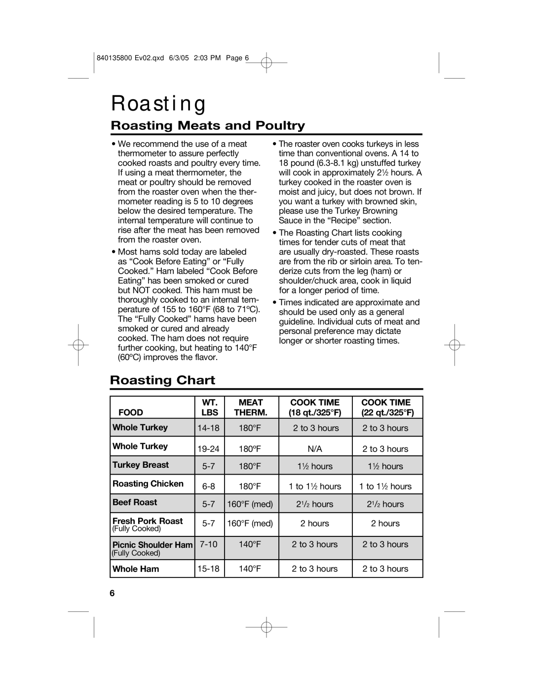 Hamilton Beach 32184C manual Roasting Meats and Poultry, Roasting Chart, Meat Cook Time Food LBS Therm 