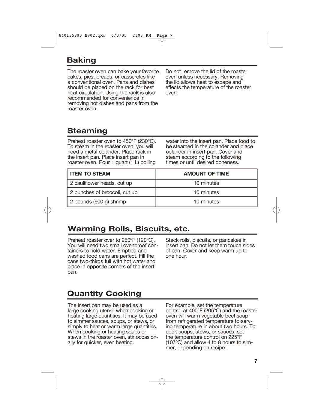 Hamilton Beach 32184C manual Baking, Steaming, Warming Rolls, Biscuits, etc, Quantity Cooking, Item to Steam Amount of Time 