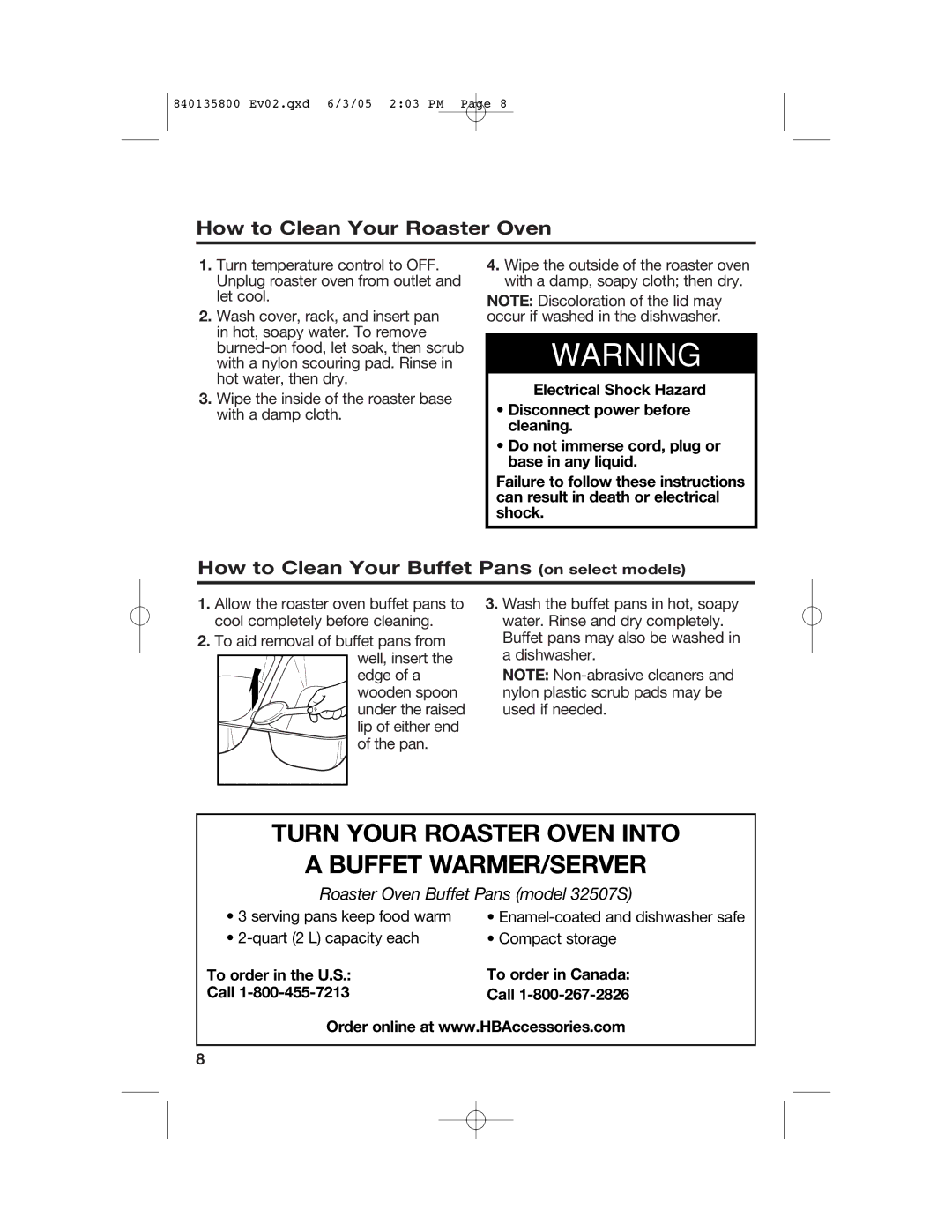 Hamilton Beach 32184C Cleaning, Wwarning, How to Clean Your Roaster Oven, How to Clean Your Buffet Pans on select models 