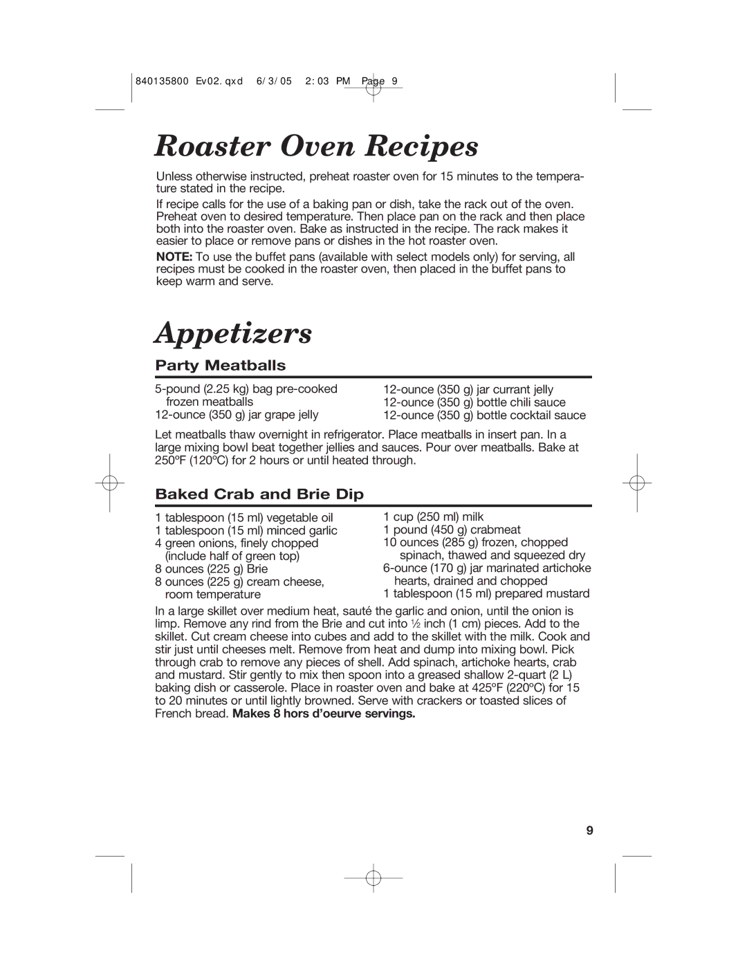 Hamilton Beach 32184C manual Roaster Oven Recipes, Appetizers, Party Meatballs, Baked Crab and Brie Dip 