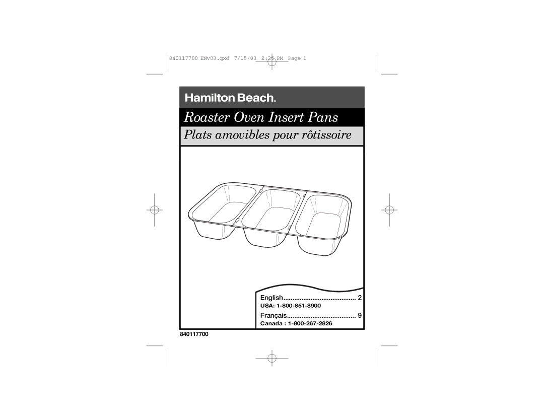 Hamilton Beach 32507S manual Roaster Oven Insert Pans 