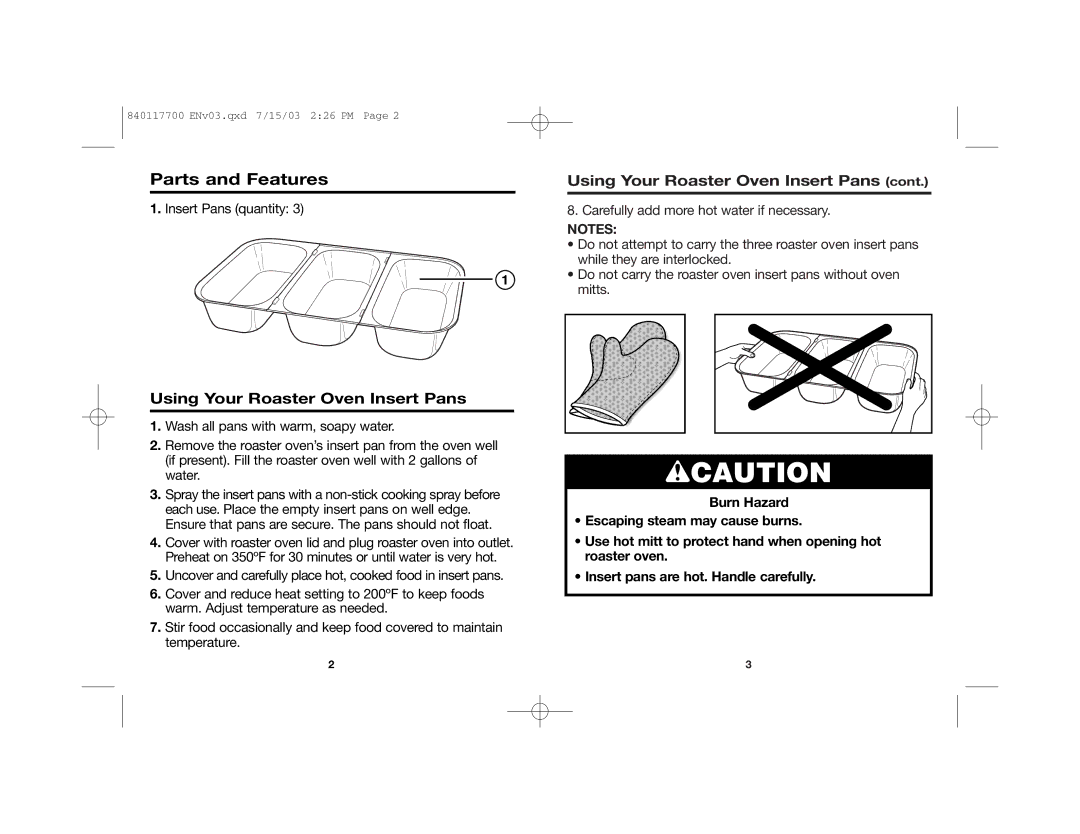 Hamilton Beach 32507S manual Parts and Features, Using Your Roaster Oven Insert Pans 