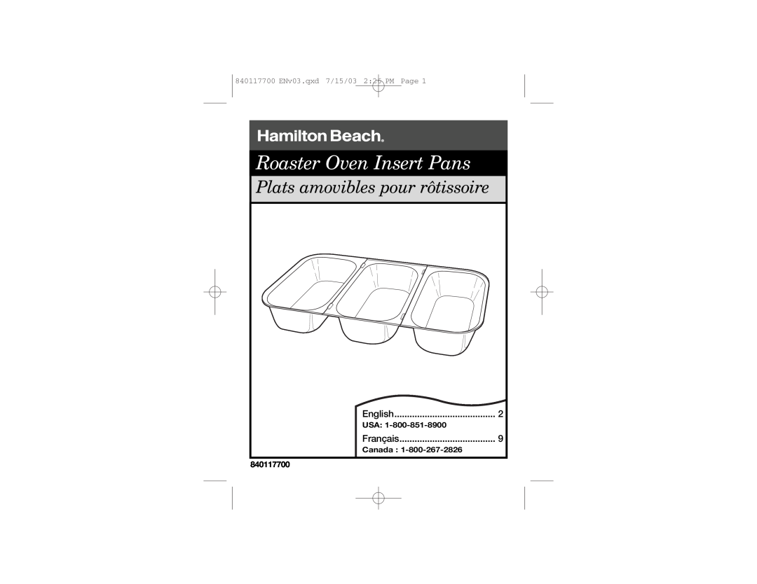 Hamilton Beach 32507S manual Roaster Oven Insert Pans, Plats amovibles pour rôtissoire, English, Usa, Français, Canada 
