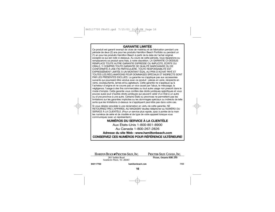 Hamilton Beach 32507S manual Aux États-Unis Au Canada, Garantie Limitée, Numéros Du Service À La Clientèle 