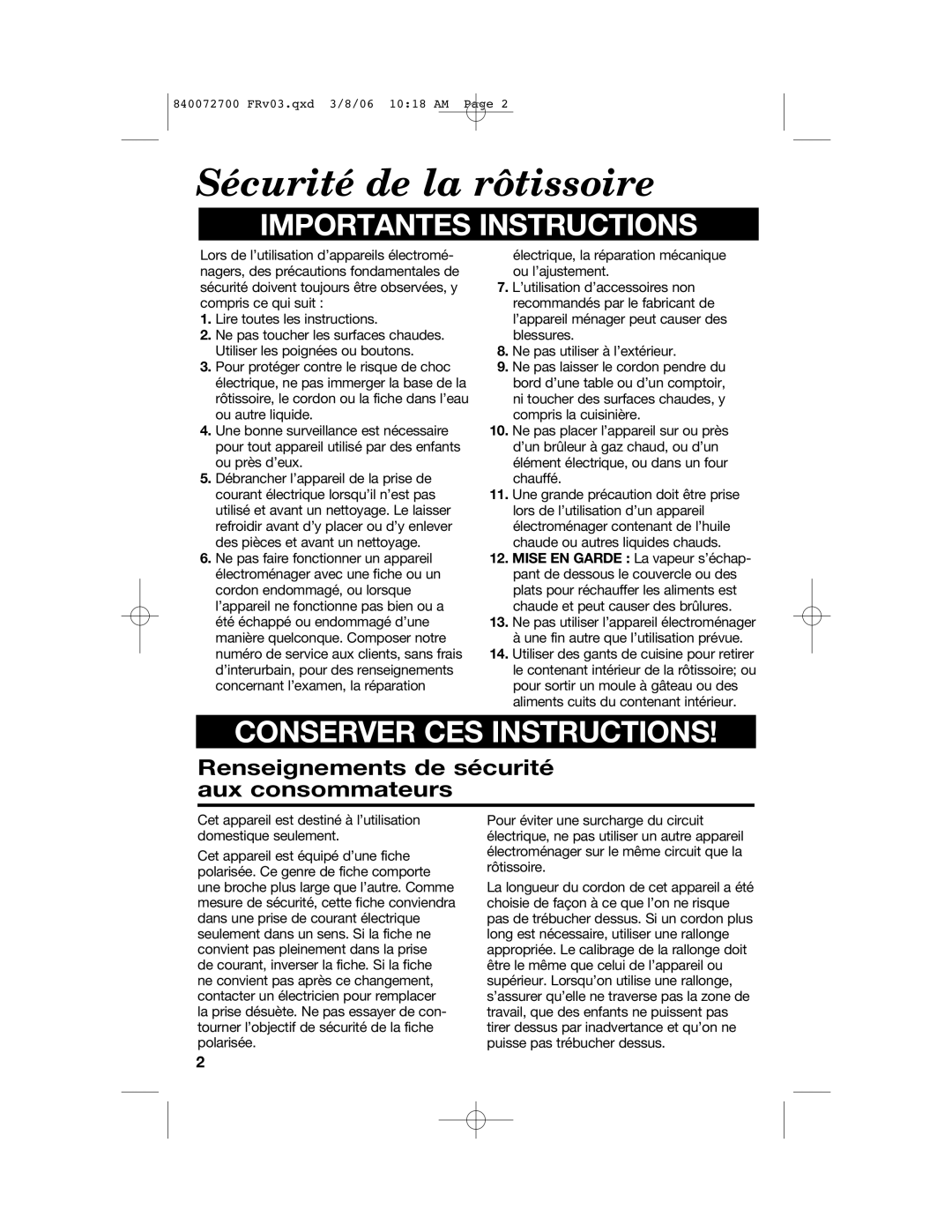 Hamilton Beach 32600s manual Sécurité de la rôtissoire, Renseignements de sécurité aux consommateurs 