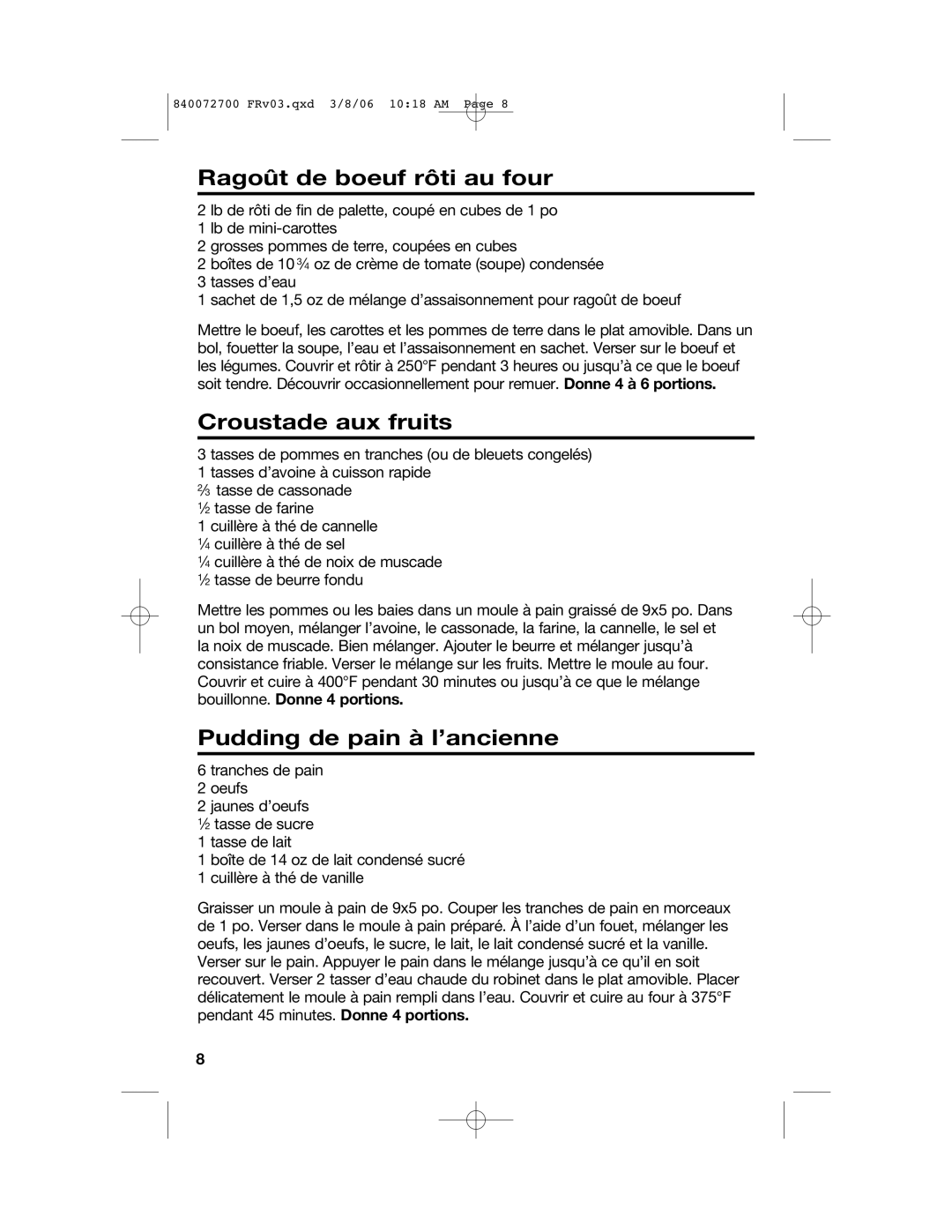 Hamilton Beach 32600s manual Ragoût de boeuf rôti au four, Croustade aux fruits, Pudding de pain à l’ancienne 