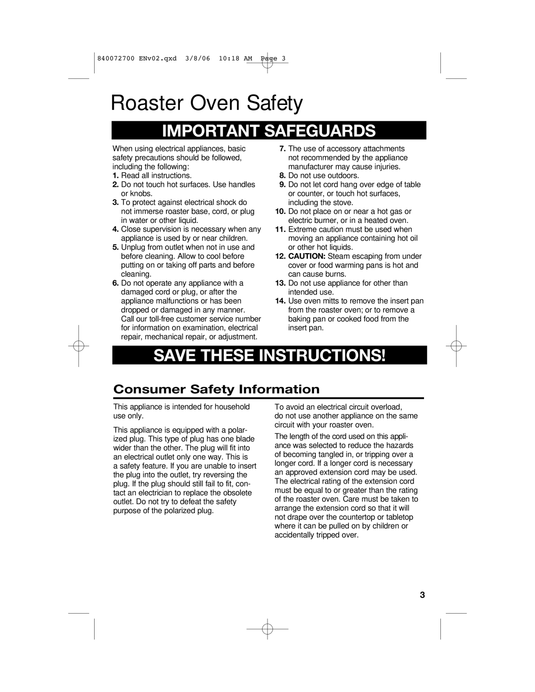 Hamilton Beach 32600s manual Roaster Oven Safety, Consumer Safety Information 