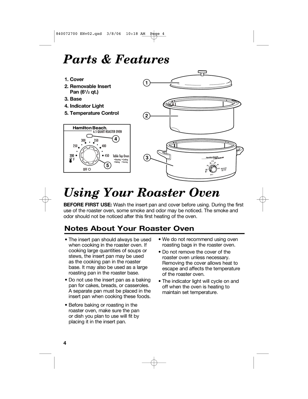 Hamilton Beach 32600s manual Parts & Features, Using Your Roaster Oven 