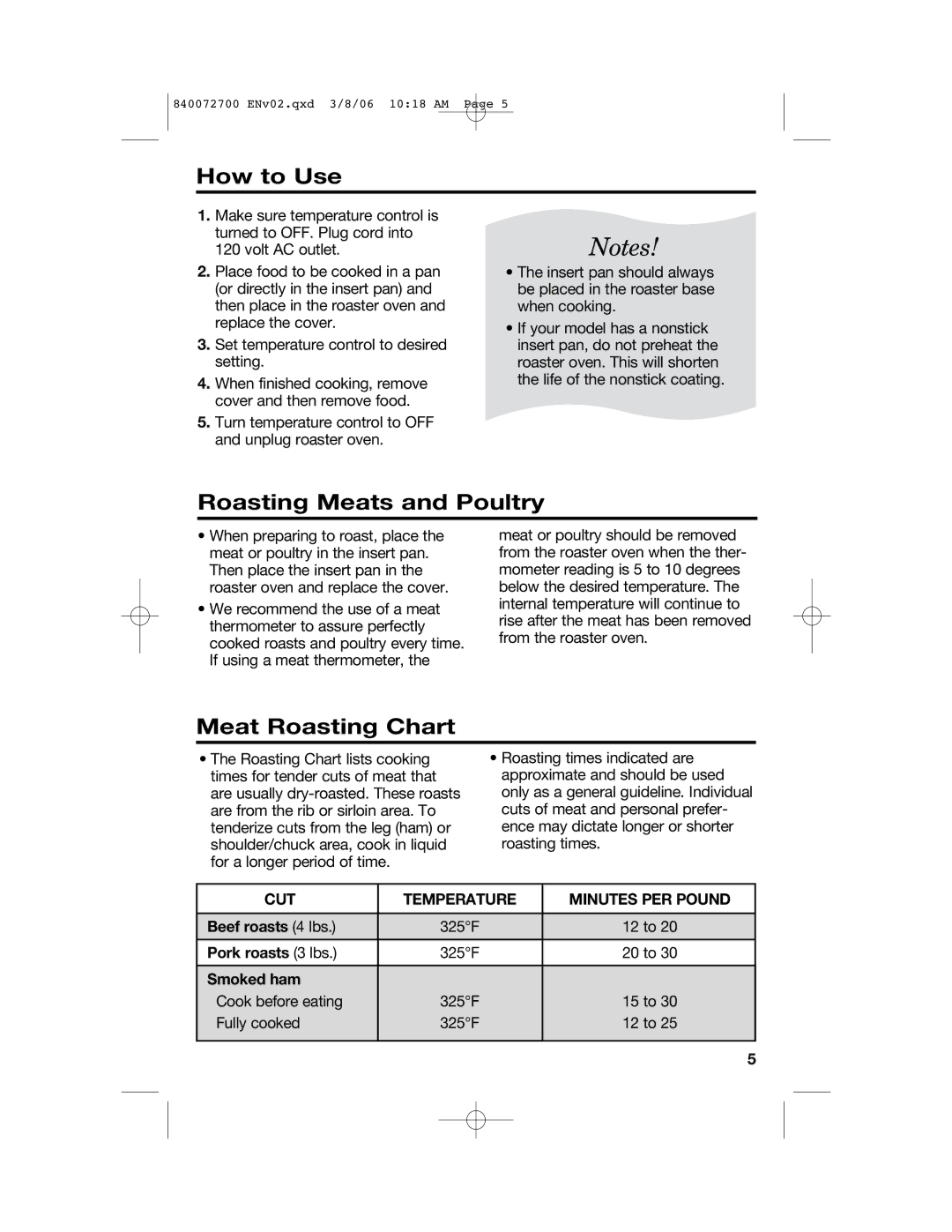 Hamilton Beach 32600s manual How to Use, Roasting Meats and Poultry, Meat Roasting Chart, CUT Temperature Minutes PER Pound 