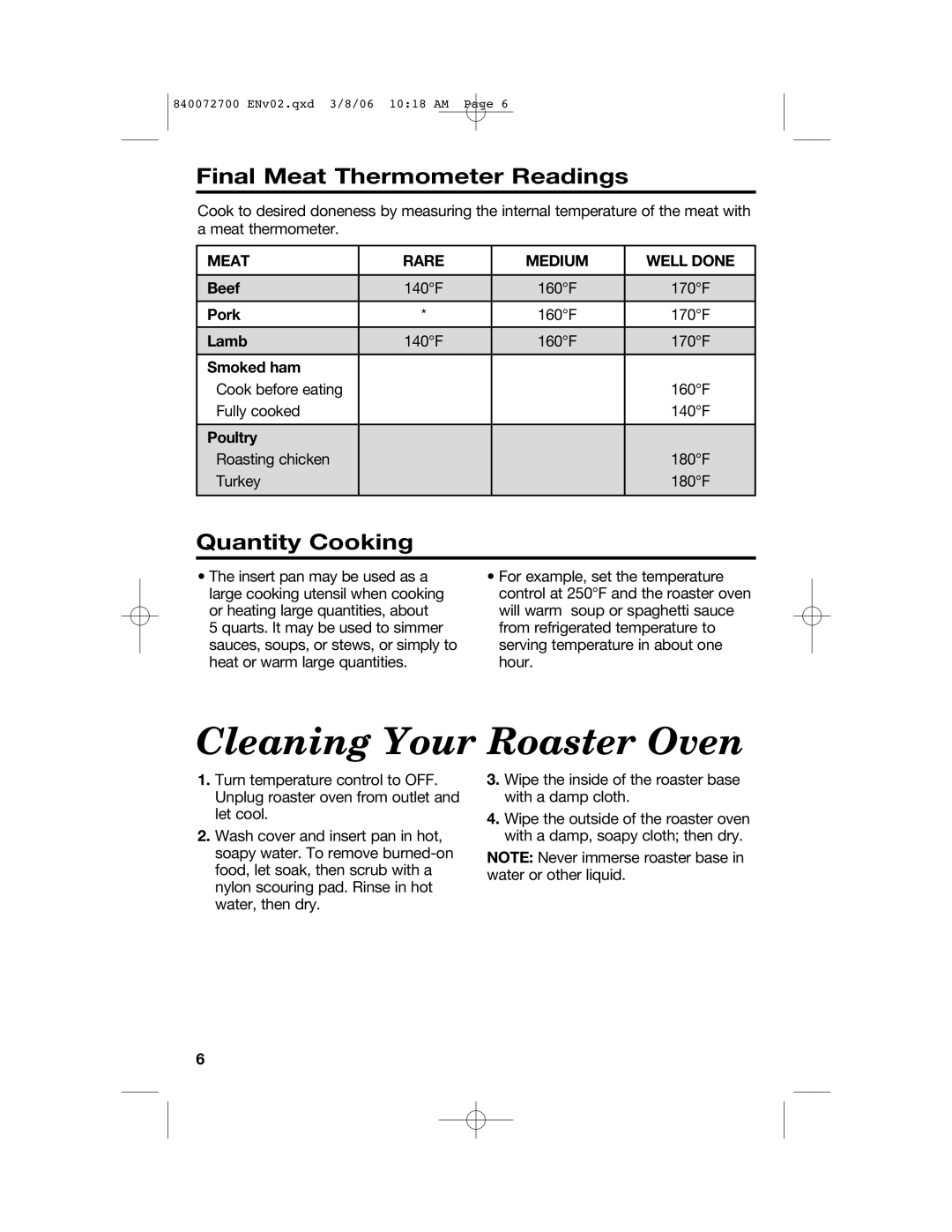 Hamilton Beach 32600s manual Cleaning Your Roaster Oven, Final Meat Thermometer Readings, Quantity Cooking 