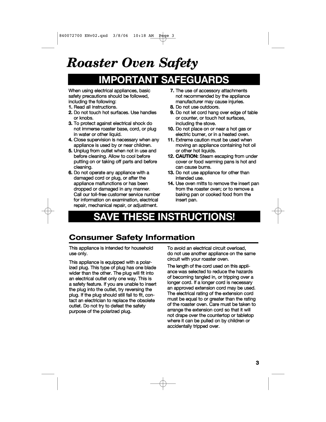 Hamilton Beach 32600s Roaster Oven Safety, Important Safeguards, Save These Instructions, Consumer Safety Information 