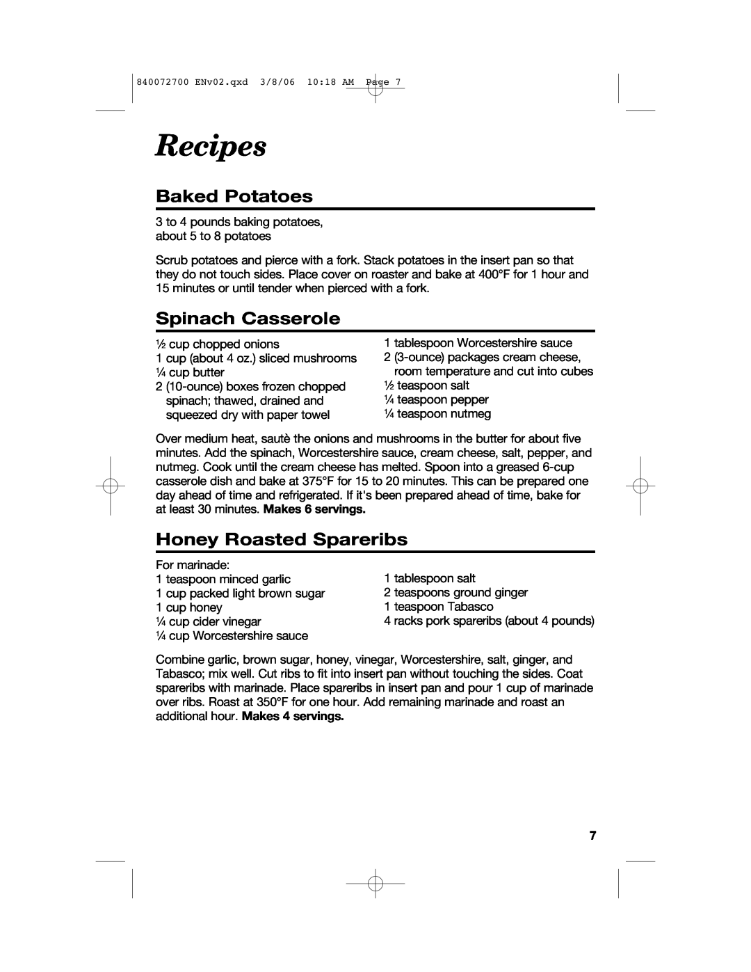 Hamilton Beach 32600s manual Recipes, Baked Potatoes, Spinach Casserole, Honey Roasted Spareribs 