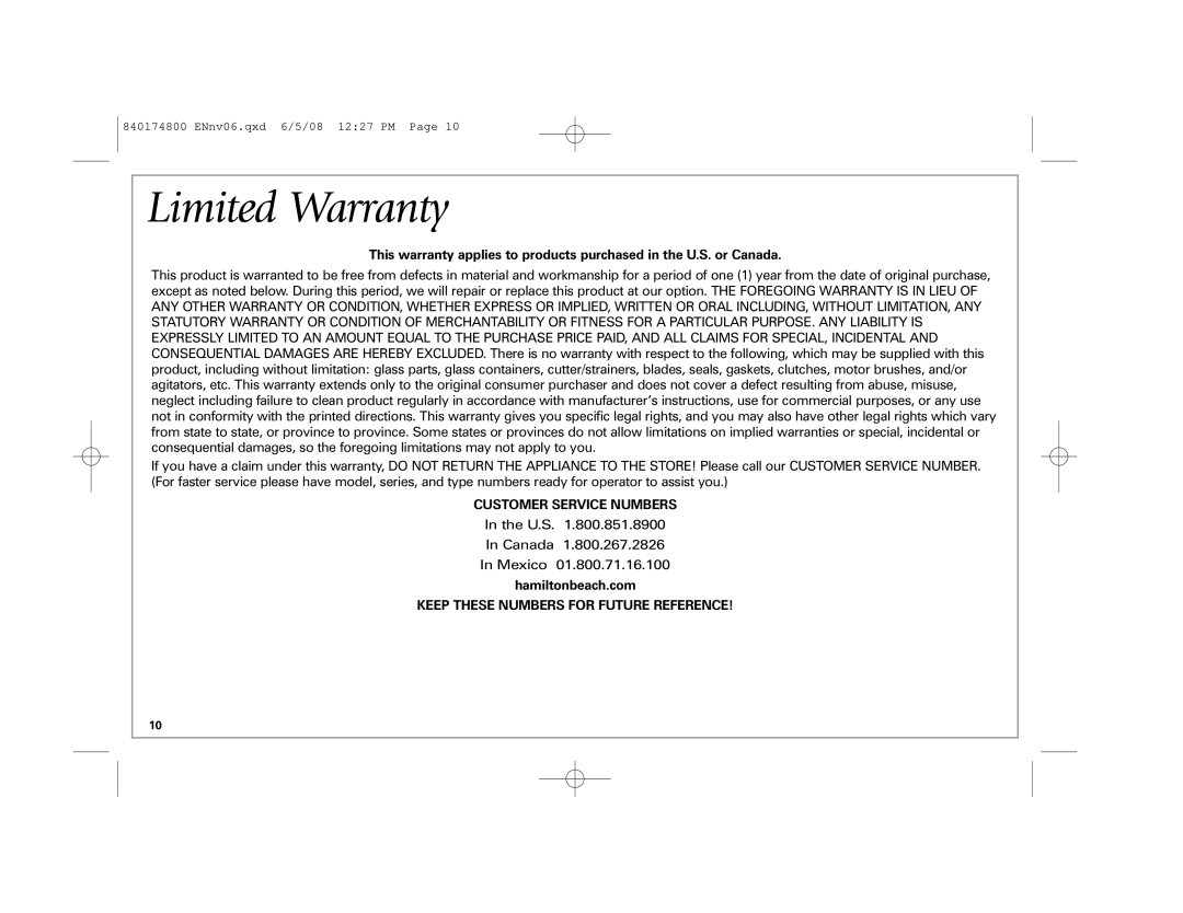 Hamilton Beach 33041 manual Limited Warranty, Hamiltonbeach.com 