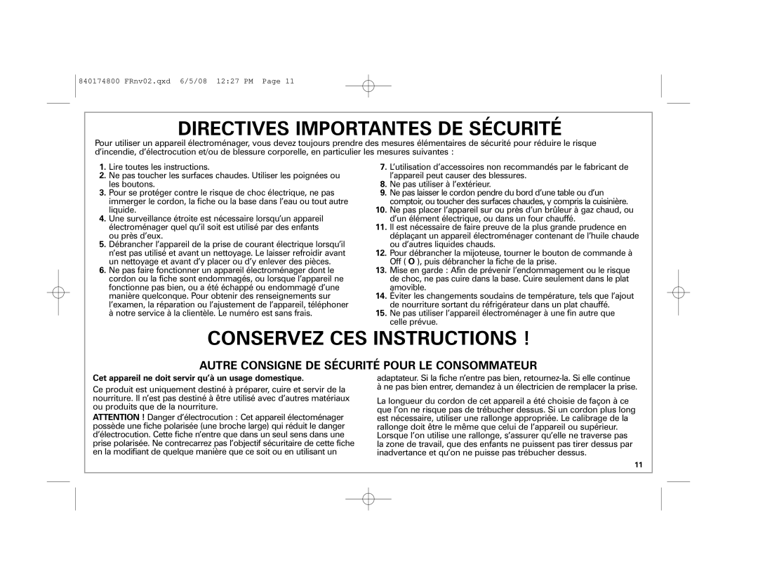 Hamilton Beach 33041 manual Directives Importantes DE Sécurité, Cet appareil ne doit servir qu’à un usage domestique 