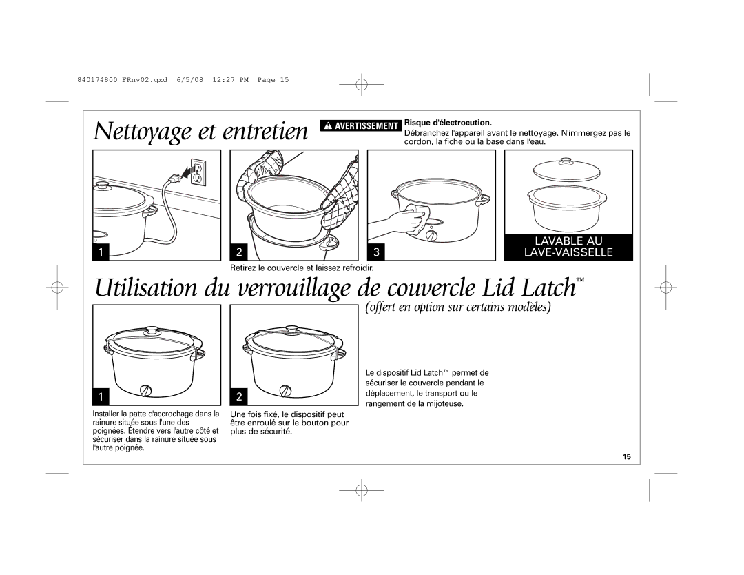 Hamilton Beach 33041 manual Utilisation du verrouillage de couvercle Lid Latch, Risque délectrocution 