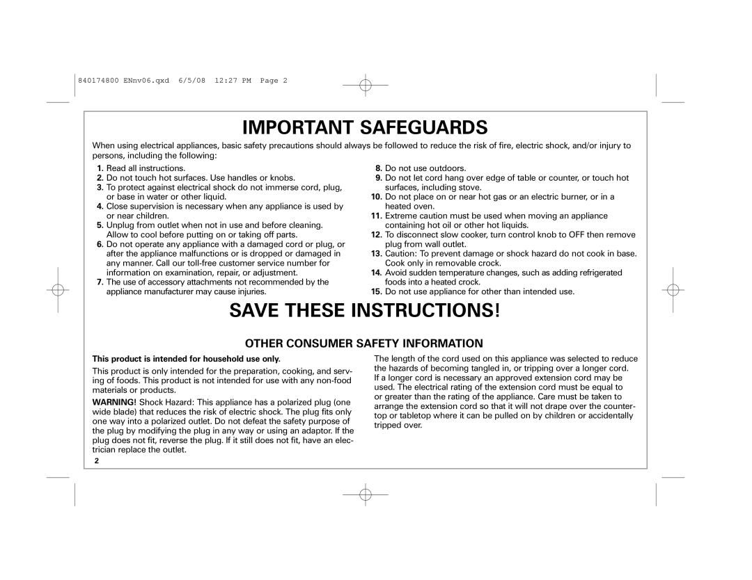 Hamilton Beach 33041 manual Important Safeguards, This product is intended for household use only 