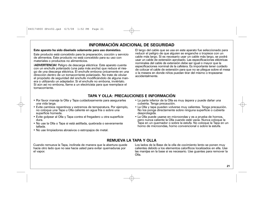 Hamilton Beach 33041 manual Información Adicional DE Seguridad, Este aparato ha sido diseñado solamente para uso doméstico 